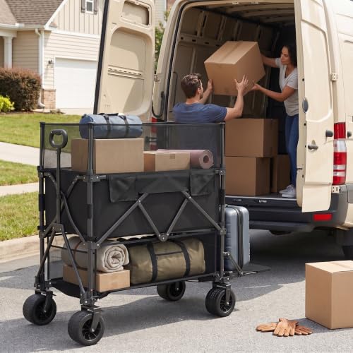 Double Decker Wagon with Retractable Mesh & Tailgate - 600L Foldable Collapsible Wagon Cart with Wheels for Camping, Groceries, Sports (Black) - color: Black