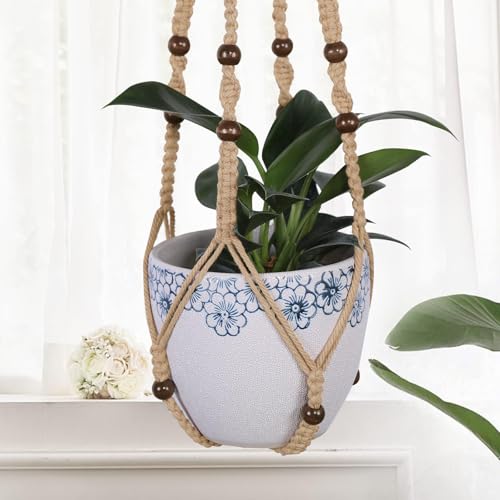 Macrame Plant Hangers with Beads for Indoor and Outdoor, 3 Pack - color: Linen