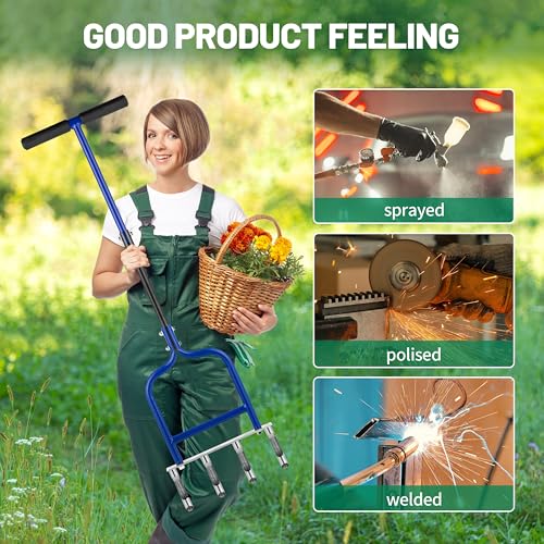Spike Tine Fork Lawn Aerator – 4 Stainless Steel Cut Pipe Spikes Manual Gardening Hand Tool - Grass Dethatcher Aerator Lawn Tool with Solid Tines for Compacted Soil - Lawn Plugger Aerator.