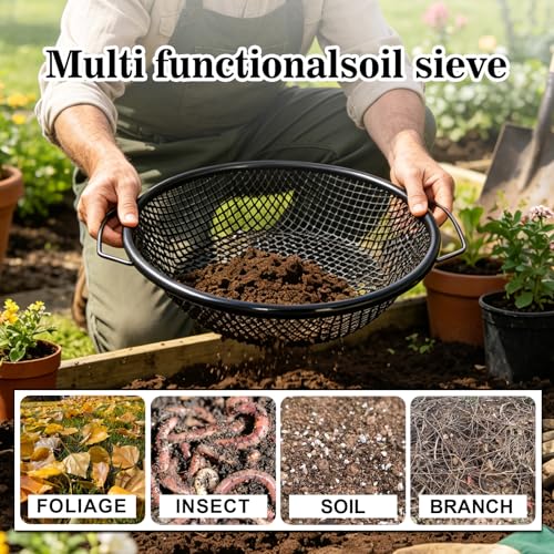 2Pcs Soil Sifter for Gardening, 1/6" & 5/16" Dual Mesh Heavy Duty Sieve with Upgrade Dual Handles, Fits 5 Gallon Bucket for Compost Dirt Sand Gravel Rocks Sawdust - color: 2PCS Black Handle 1/6in,5/16in