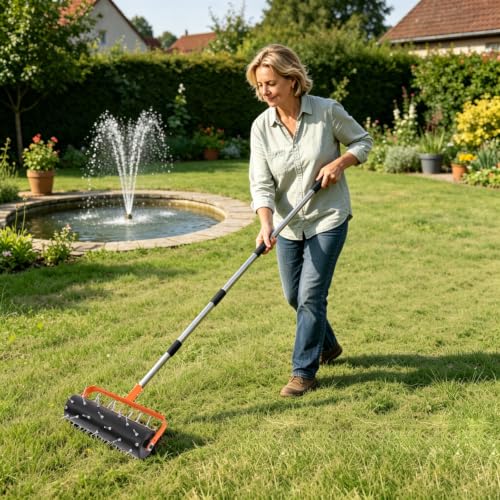 Rolling Lawn Aerator Tool for Soil Loosening, 42 Spikes Adjustable Heavy