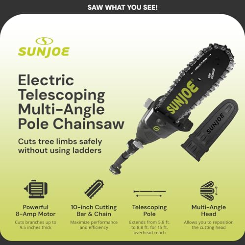 Sun Joe Corded Electric Telescoping Pole Saw, Pruning Power Tool with 10 Inch Bar, 8 Amp Power with 14 Foot Reach for Ground-Level Tree Trimming.
