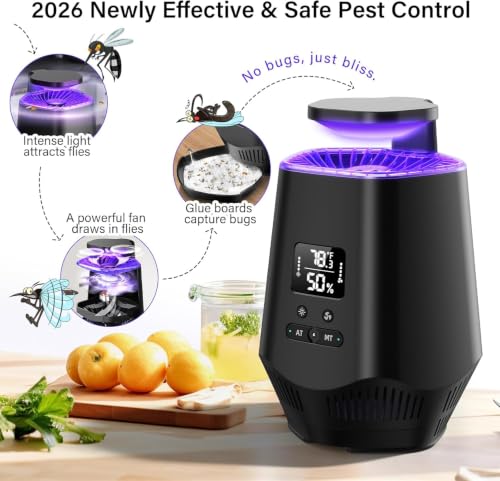 Fruit Fly Traps for Indoors, Smart Fly Trap Indoor Bug Zapper Gnat Traps for House Indoor with Temperature and Humidity Sensor, 10PCS Sticky Boards Black 001
