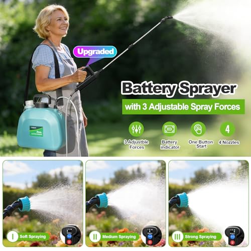 VAXMAY Battery Powered Sprayer 2 Gallon, Upgrade Electric Garden Sprayer with 3 Adjustable Speed, Battery Indicator, 4 Mist Nozzles, Rechargeable Handle, Retractable Wand, Shoulder Strap for Weed Lawn - color: Blue