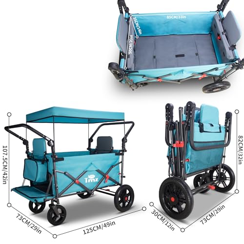 TMZ Collapsible Wagon with 2 Foldable Seats, Folding Wagon with Canopy, Multi Functional Cart with Adjustable Handle Bar, Front Expandable for Transport Camping (Turquoise/Grey) - color: Turquoise/Grey