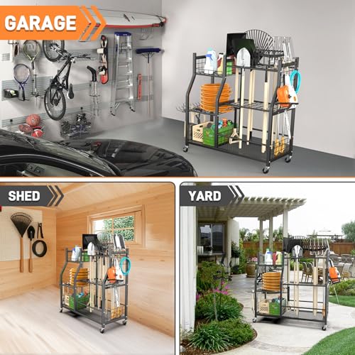 TORACK Garden Tool Organizer with Wheels, Rakes Shovels Yard Tools Stand - style: Tool Stand with Extra Shelves