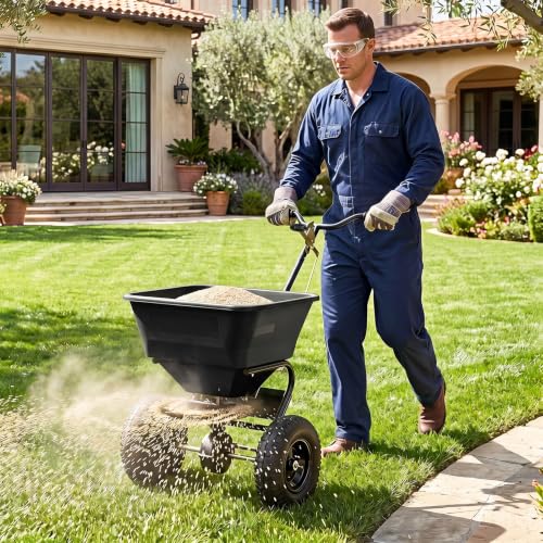66LBS Walk-Behind Broadcast Spreader with 13" All-Terrain Pneumatic Tires, 6.5FT Spreading Width & Adjustable Flow Control, Push Fertilizer Spreader for Grass Seed, Salt & Ice Melt (Black) - color: Black