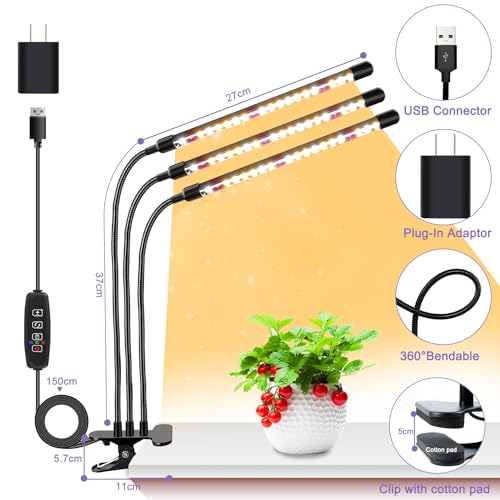 Grow Lights for Indoor Plants, Full Spectrum Tri-Head Clip Plant Lights - size: 3 Head 1 Pack