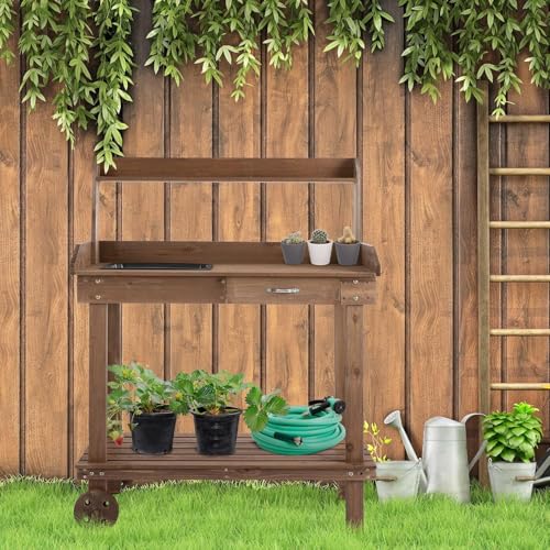 36" Wooden Potting Bench Work Table with Wheels, Removable Sink, Drawer, Shelves & Garden Storage Workstation (Brown) - color: Brown