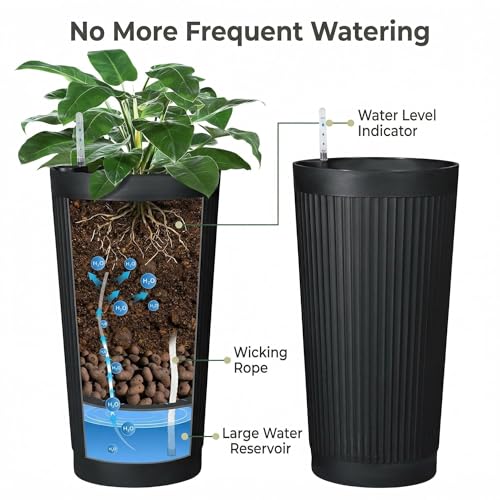 TUYOHW 24 Inch Tall Round Plastic Planter with Self Watering System, Large Indoor Outdoor Planter for Home, Patio, Garden - color: Black-round