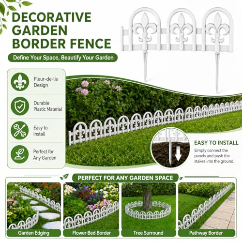Evelyne White Garden Border Plastic Edging – PP Plastic, Short Metal-Free Wrought Iron Look Design, 15pcs Yard Landscaping Fence Liner Lawn Edge Barrier, 20ft Kit of Decorative Lawn Landscape Panels - color: White, style: 20ft.