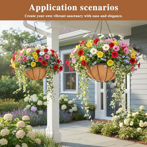 4 Pack Hanging Planter for Outdoor Plants 14 inch Metal Hanging Flower Basket with Coco Coir Liner Round Wire Plant Holder Chain Flower Pots Outdoor Garden Decoration Watering Hanging Baskets(XG) - size: 14" x 4 Pack, style: Watermelon