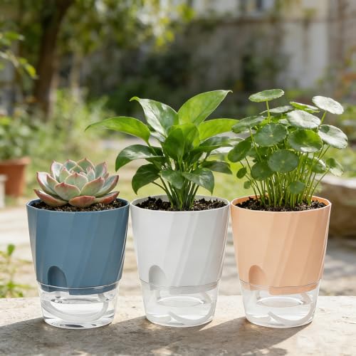 Self Watering Plant Pots 6 Inch, Indoor Planters with Wick Rope & Reservoir - color: White, Pink, Blue, size: 6 Inch Set of 3