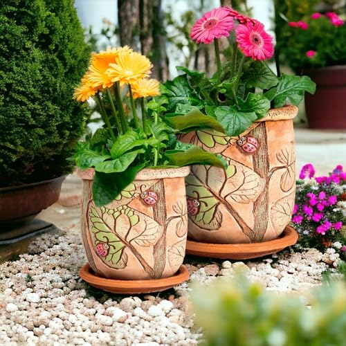 STP GOODS Ceramic Pot with Drainage Hole and Saucer, Plant Pots, Modern Decorative Planters for House Plants Indoor Flowers Plants, Cute Flower Pot - Gifts (Ladybugs (1.6 L)) - color: Ladybugs (1.6 L)