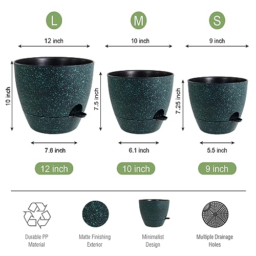 UOUZ Large Self Watering Pots, 12/10/9 Plastic Planters with High Drainage Holes and Deep Reservoir for Indoor Outdoor Garden Plants and Flowers, Black with Green Speckles - color: Black With Green Speckles