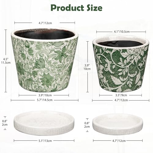 Set of 2 Ceramic Green Plant Pots with Drainage Hole and Saucers, Vintage Farmhouse Accent Planters for Indoor Plants, Round Flower Pots Rustic Succulent Cactus Pots Terracotta Tubs 5.7/4.7 Inch - color: Forest Green