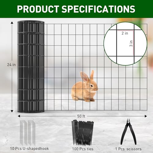 PVC Coated Welded Wire Fence, 24 in x 50 Ft Black for Yard Plant Protection - size: 24in x 50ft