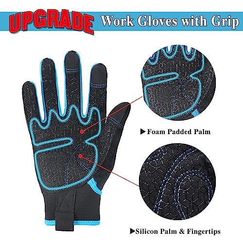 HANDLANDY Grip Work Gloves for Women Men, Safety Utility Yard Working Gloves, Flexible Touch Screen Mechanics Gloves (Grip-upgraded, 2X-Large (Pack of 1)) - color: Blue (1 Pair), size: XX-Large