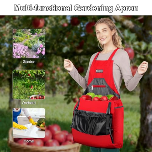 Garden Apron,Harvest Aprons with Drawstring Bag and Pockets for Women and Men,Canvas Fruit Picking Apron - color: Red