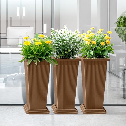 TUYOHW 24 Inch Tall Tapered Square Planters (Set of 2) - Indoor Outdoor Large Flower Pots with Built-in Drainage & Matching Water Tray for Patio, Garden, Home - Brown - color: Brown-ribbed