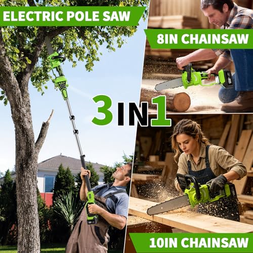 Pole Saws for Tree Trimming, Cordless Pole Saw, 8in/10in Pruning Saw, Mini Chainsaw, 16FT Max Height, Brushless Motor, Adjustable Angle, Cordless Battery Powered for Pruning, and Garden Tasks