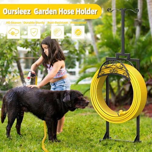 Garden Hose Holder with Shepherds Hooks - Freestanding Metal Water Hose Holder Stand Holds 150ft, Heavy Duty Garden Hoses Hanger Storage Rack for Outside Yard Lawn Farm - size: 67 Inch