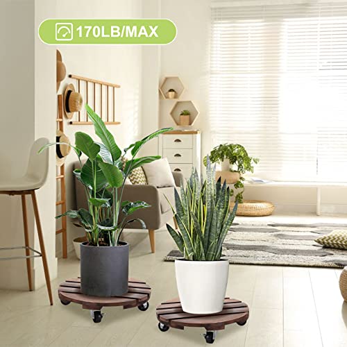 HOHY 2PCS Plant Caddy 12" Plant Stand with Wheels Wood Rolling Plant Stand