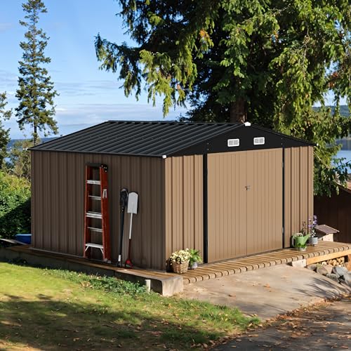 Devoko 10x10 FT Outdoor Storage Shed, Brown - color: Brown, size: 10x10 FT