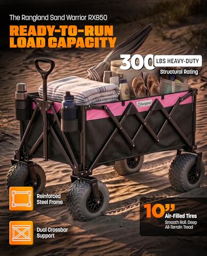 Beach Wagon with Heavy-Duty 10" Air Tires - All Terrain Folding Cart with Big Wheels for Sand and Gravel - 300 LB. Capacity (Black/Pink) - color: Pink