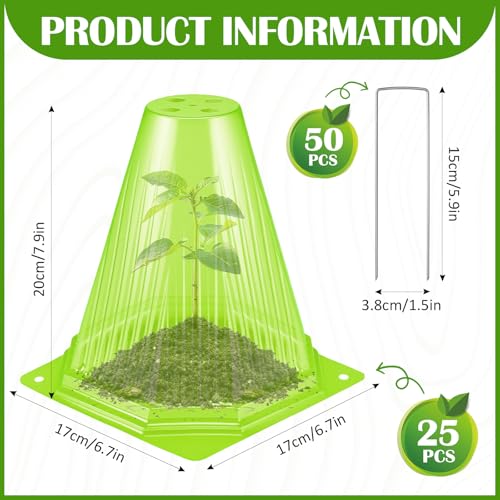 25PCS Garden Cloches for Plants with 50PCS Ground Stakes,Reusable Plant Bell Cover,Plastic Small Plant Seedling Protector Plants Cloches from Animals,Chickens, Birds,Snails & Frost,7.9" H X 6.7" D