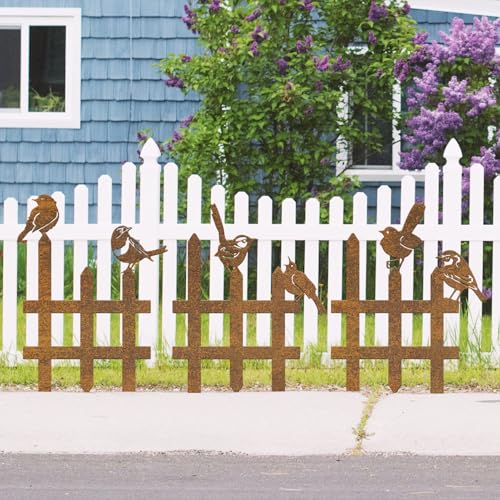 3 Pcs Small Garden Fence with 6 Piece Bird Decoration, Rustic Garden Decor - color: Rusty