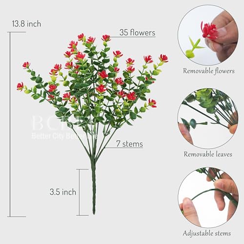 Artificial Flowers for Outdoors, 12 Bundles UV Resistant Realistic Faux Plants for Outside Porch Planter, Spring Summer Home Garden Decoration, Red - color: Red