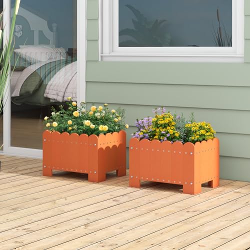 Giantex 2 Pack Raised Garden Bed, Weather-resistant HDPE Planter Boxes with Drain Gaps, Rectangular Flower Pots for Vegetable, Flower, Fruit, Plant Raised Beds for Front Porch, Garden, Balcony, Orange - size: 18"x12.5"x12"