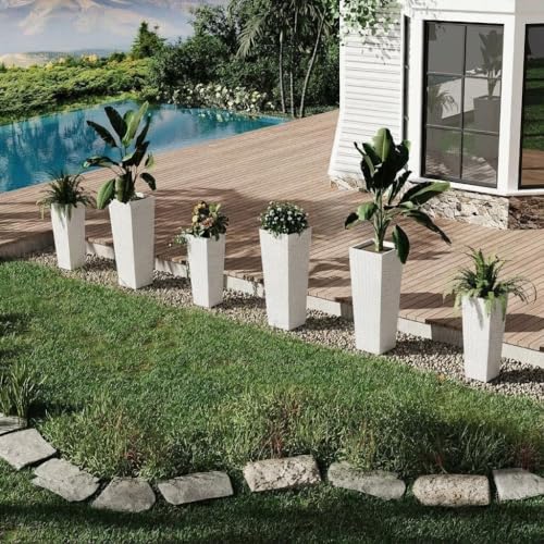 30in Front Porch Planters Outdoor Set of 2, Large Taper Planters with Drainage Holes&Inner Bucket, Tall Plastic Pots White Rattan Decor Plant Pots for Home,Garden,Patio,Backyard