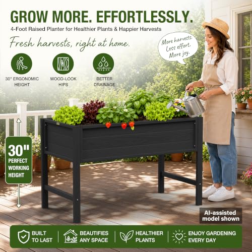 YEFU 48" Raised Garden Bed with Legs, HIPS Outdoor Garden Bed, Black - color: Black, size: 48"×24"×30"