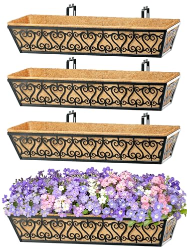 4 Pack 30 Inch Deck Railing Planter Box - Window Boxes Planters with Adjustable Brackets Coco Liners Balcony Planters Railing Hanging for Window Flower Boxes Outdoor Garden Decor - size: 30 Inch