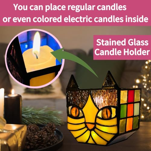 Yellow Cat Plant Pot with Drainage,Cute Planters for Indoor Plants,Stained Glass Cat Flower Pots,Fun Candle Holder Glass Container,Gifts for Gardeners Woman - color: Black-yellow