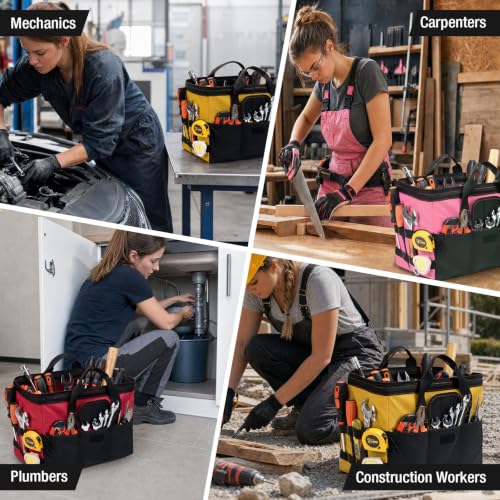 HISEA 3 Pack Heavy Duty Tool Bag, 13-Inch Waterproof Tools Organizer Tote - color: Red, Yellow, Pink, size: 13 Inch