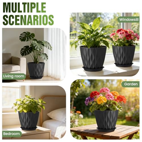 8 Inch Plant Pots 4 Pack Plastic Planters with Drainage & Saucers - color: Black