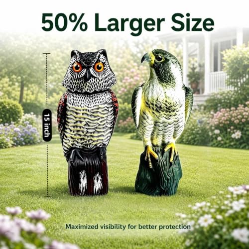 Hawk Decoy to Scare Birds Away - Owl & Hawk Garden Decoy Combo, 2X Protection Wind-Activated Bird Deterrent for Farms & Yards, 50% Larger Size (15")