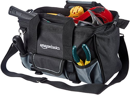 Amazon Basics Durable Wear-Resistant Tool Storage Bag with Adjustable Shoulder Strap,Portable Tool Organizer,16 Pockets,12 in,Black & Gray,(Pack of 8) - size: Small Standard Bag (Pack of 8)
