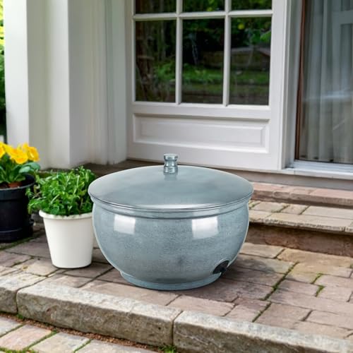 Monarch Abode Garden Hose Holder with Lid – Decorative Water Hose Holders for Outside, Smooth Metal Patina Pot with Drainage, 100ft Waterhose Holder for Outside, Garden Storage Caddy - color: Patina