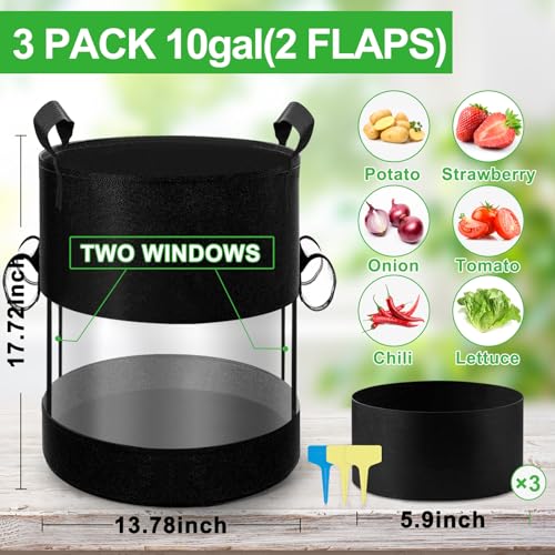3 Pack 10 Gallon 360°Visible Potato Grow Bags,Heavy Duty Thickened Nonwoven Fabric Planter Bags with 2 Clear Harvest Windows&Removable Shading Cover,Reinforced Handles,Vegetable Grow Bags with Labels - size: 10 Gallon