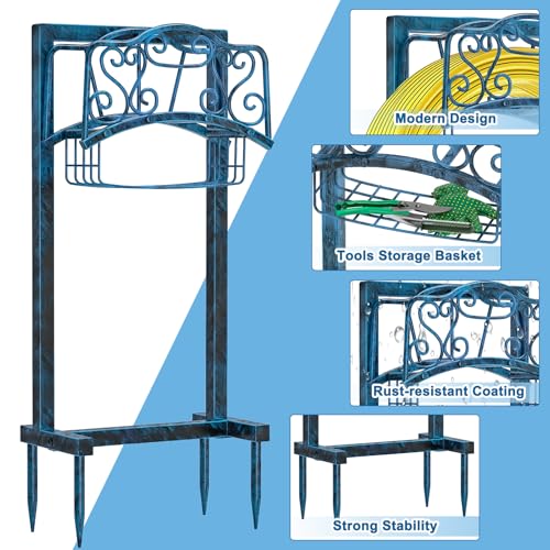 Garden Hose Holder for Outside - Upgraded Water Hose Holder Holds with Storage Basket, Heavy Duty Metal Freestanding Garden Hose Storage Reel Rack for Outdoor Yard Lawn (Blue) - color: Blue