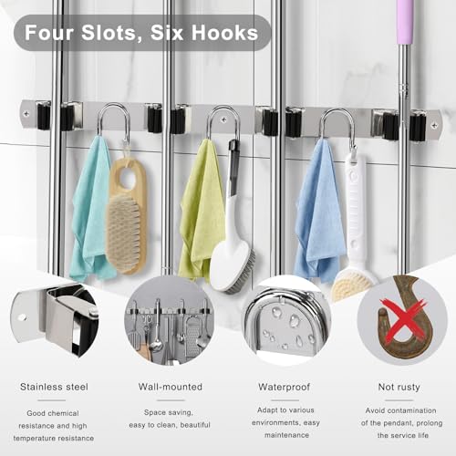 Mop Broom Holder Wall Mount, Silver Stainless Steel Tool Storage Organizer for Kitchen Garden Garage Laundry Room Bathroom and RV with 4 Slots 6 Hooks - color: Silver-1 Pack
