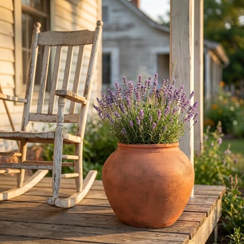 12" H x 14" Dia Fiberstone Distressed Terracotta Planter Pot with Drainage Hole, Vintage Indoor Outdoor Flower Pot for Patio Porch Garden, Rustic Decorative Planter for Trees & Plants - color: Terracotta