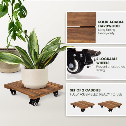 Idzo 2-Pack 14 Inch Wood Plant Caddy with Wheels Heavy Duty, 264 lbs Acacia Hardwood Plant Caster Dolly Rolling Stand with 360° Lockable Wheels for Heavy Plant Pots and Outdoor Use - color: Square Wood Natural, size: 14 Inch