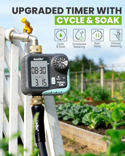 RAINPOINT Sprinkler Timer for Garden Hose - Hose Timer with Cycle & Soak/Rain Delay/Automatic Watering/Manual Watering, Programmable Irrigation System with Large Display, Brass Inlet & Outlet - color: Brassy