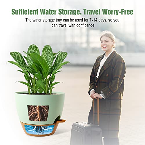 WOUSIWER 10 inch Self Watering Planters, 2 Pack Large Plastic Plant Pots with Deep Reservior and High Drainage Holes for Indoor Outdoor Plants and Flowers, Green with Terracotta - color: Green With Terracotta