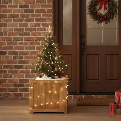 Idzo Set of 2 Hardwood Outdoor Flower Box, Durable Acacia Wood Flower Boxes for Outdoor Plants with Ergonomic Handles, Drainage Holes, Multiple Sizes Wood Bucket Planter for Home Décor - color: Set 2 Square Light Natural